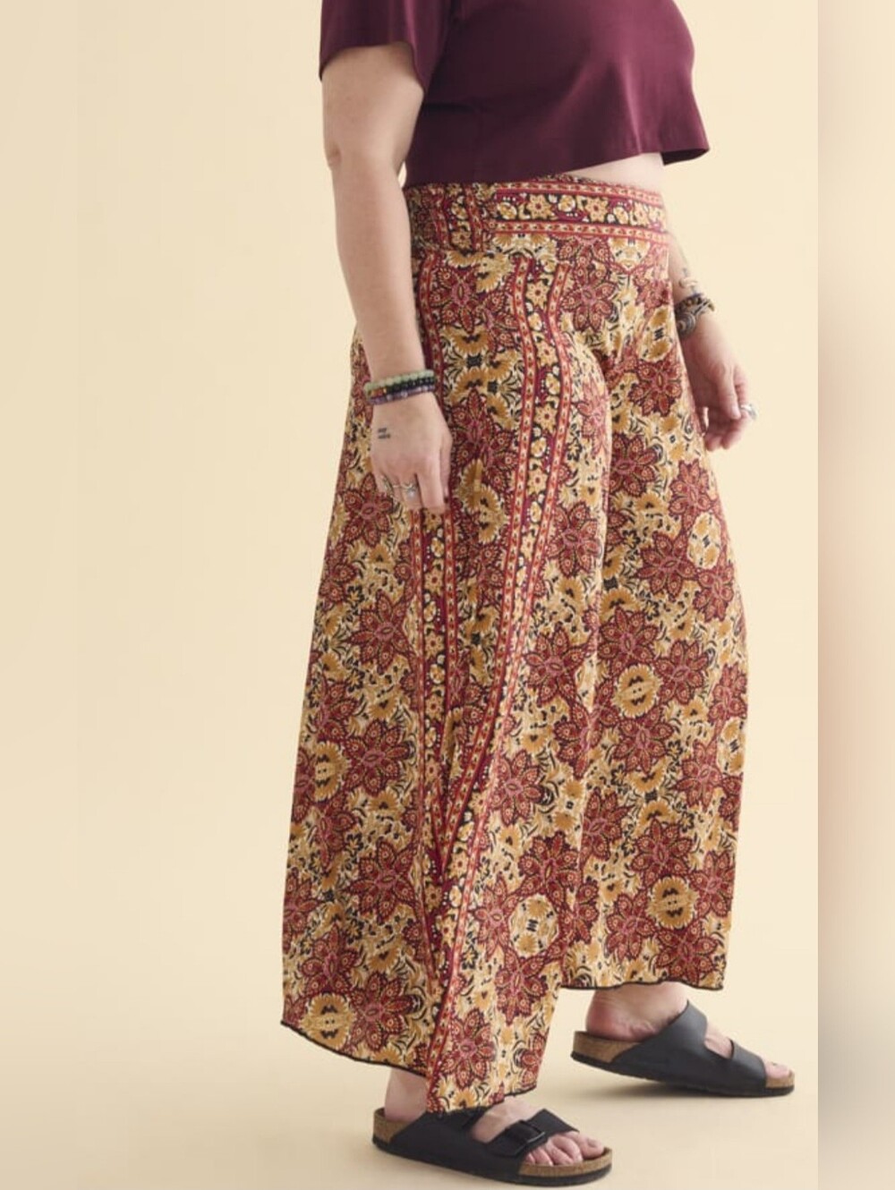 Earth Bound Trading Crimson Sari Boho Floral Wide-Leg Palazzo Gaucho Pants